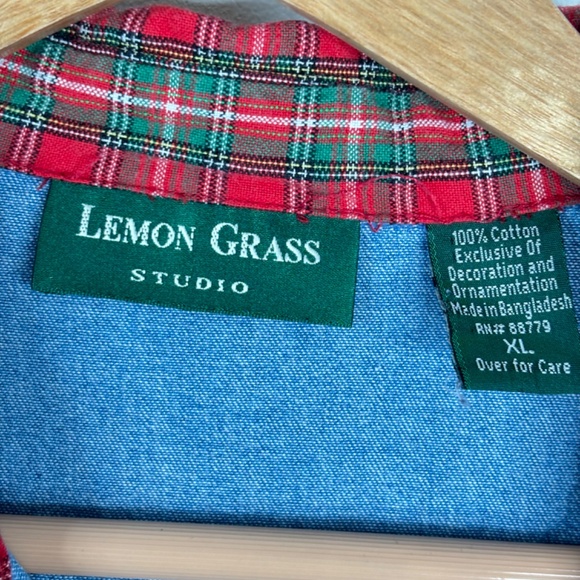 VTG Embroidered Christmas Denim Button Down XL Plaid Collar 90s Holiday Granny - Picture 6 of 10